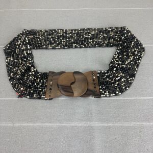Eric & Mike Beaded Stretch Fashion Belt Wooden Buckle Handmade In Indonesia OS